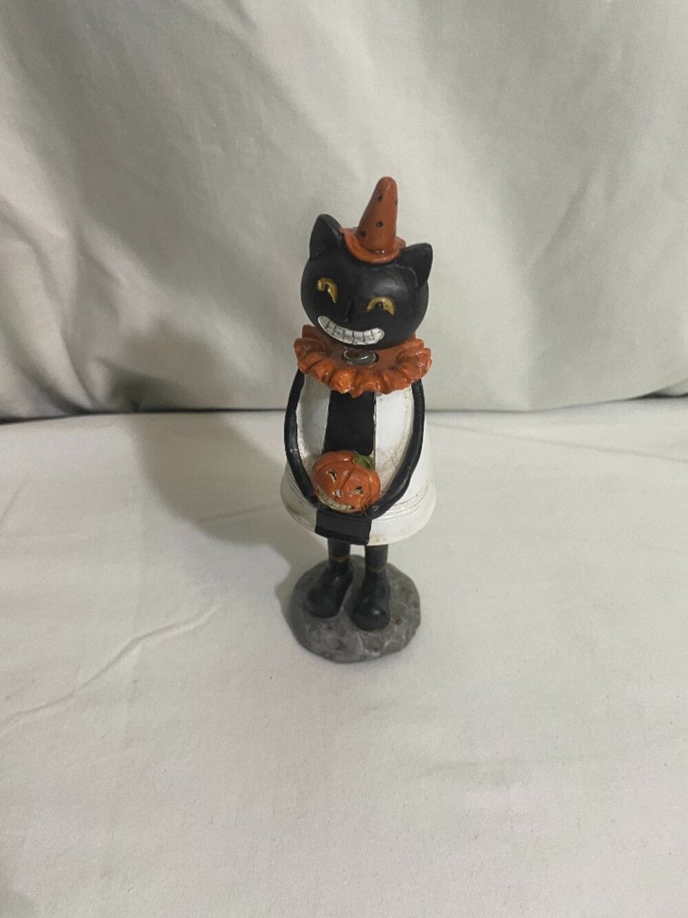 Vintage Halloween Black Cat Bobble Head Figurine Jack O Lantern 7.5" Resin Decor